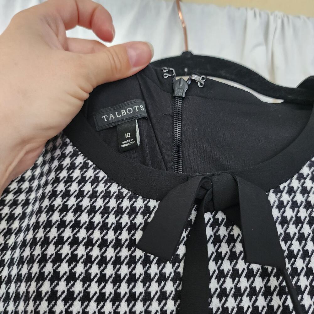 Talbots Women's 10 Houndstooth Ponte Midi Dress Black White Bow Festive Preppy - Picture 8 of 11